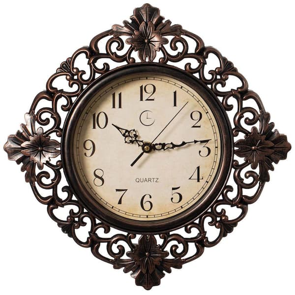 11" Classic Round Decorative Hanging Wall Clock with Ornate Floral Scroll Frame in Vintage Distressed Finish, Brown