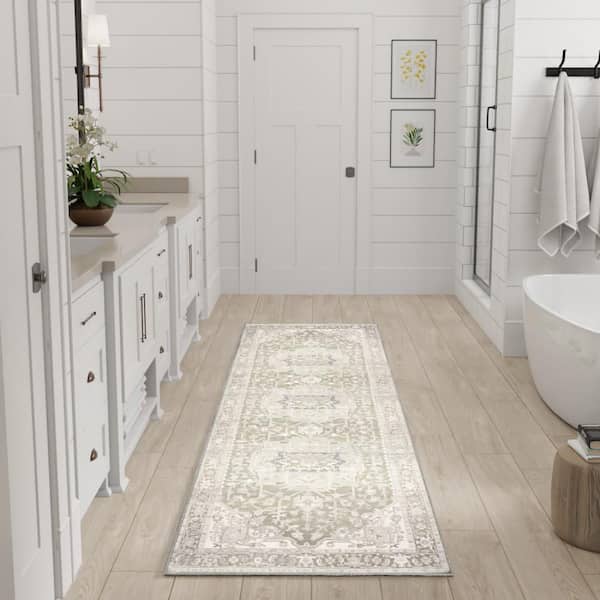 Vintage Washables Green 2 ft. x 6 ft. Center Medallion Traditional Runner Area Rug
