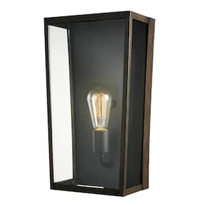 Greer Matte Black Farmhouse Indoor/Outdoor 1-Light Wall Sconce with Faux Wood Accents and Clear Glass Shade