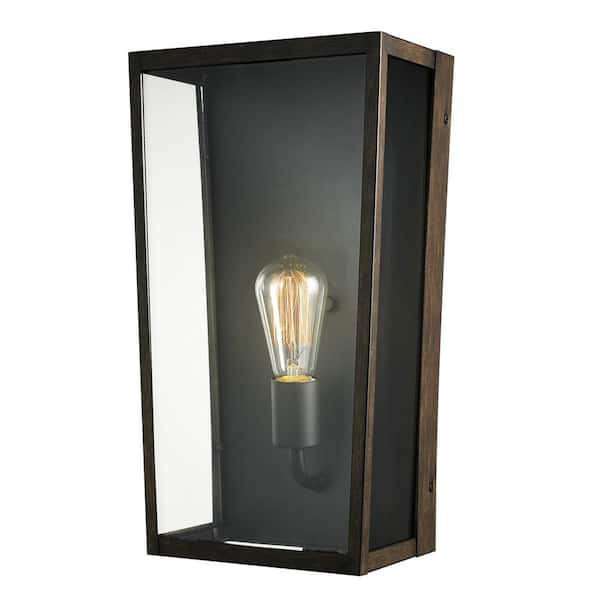 Globe Electric Greer Matte Black Farmhouse Indoor/Outdoor 1-Light Wall Sconce with Faux Wood Accents and Clear Glass Shade