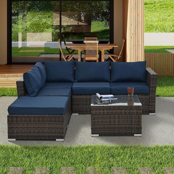 4-Piece Outdoor Patio Brown PE Wicker Conversation Set Furniture Set with Tempered Glass Coffee Table and Blue Cushions