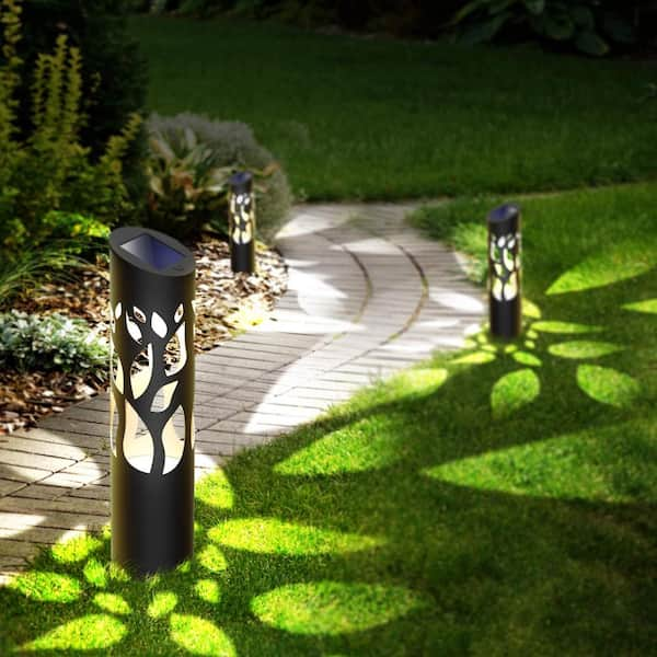 Rose Petal 12 Lumens Black LED Round Outdoor Solar Bollard Path Lights (4-Pack)