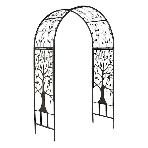 Evergreen 83 in. x 53 in. Metal Arched Tree Of Life with Gate Garden Arbor