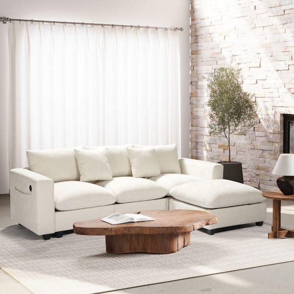 Lucca 99 in. Square Arm 4-Piece Chenille Modular Sectional Sofa Ottoman Set with USB Charge Port in Cream