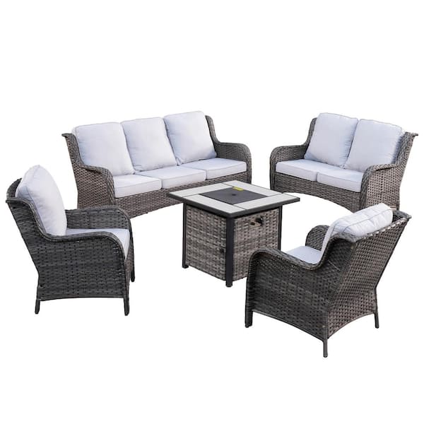 XIZZI Vincent Gray 5-Piece Wicker Patio Fire Pit Outdoor Seating Sofa Set and with Gray Cushions