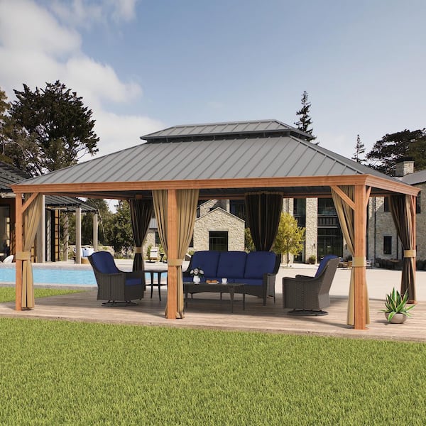 14 ft. x 20 ft. Double Galvanized Steel Roof Aluminum Frame Outdoor Patio Hardtop Gazebo Wooden Finish Coated