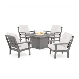 Mission 5-Pieces Plastic Patio Fire Pit Deep Seating Set in Slate Grey with Natural Linen Cushions