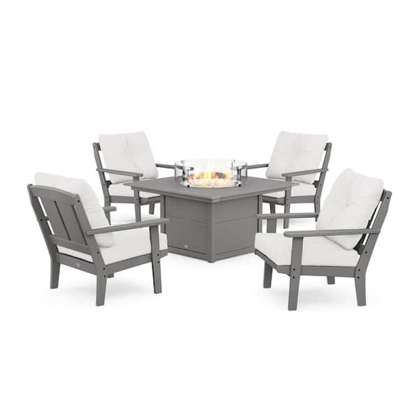 POLYWOOD Mission 5-Pieces Plastic Patio Fire Pit Deep Seating Set in Slate Grey with Natural Linen Cushions
