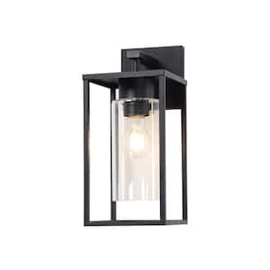 1-Light Textured Black Outdoor Wall Lantern Sconce with Cylindrical Clear Glass Shade, Hardwired, No Bulb Included