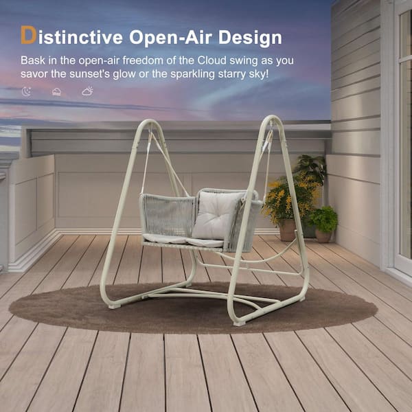 Cloud Swing Chair with Stand Patio Wicker Bench Loveseat Outdoor Porch Swing, Cushion and Pillows Included, Cream