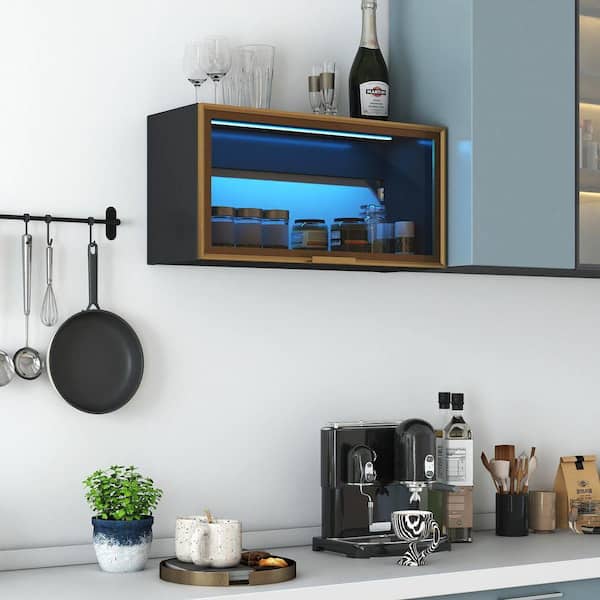 23.6 in. W Large-Capacity Wall Mounted Black Spice Rack with Up-Flip Door, Storage Cabinet, Hanging Kitchen Pantry