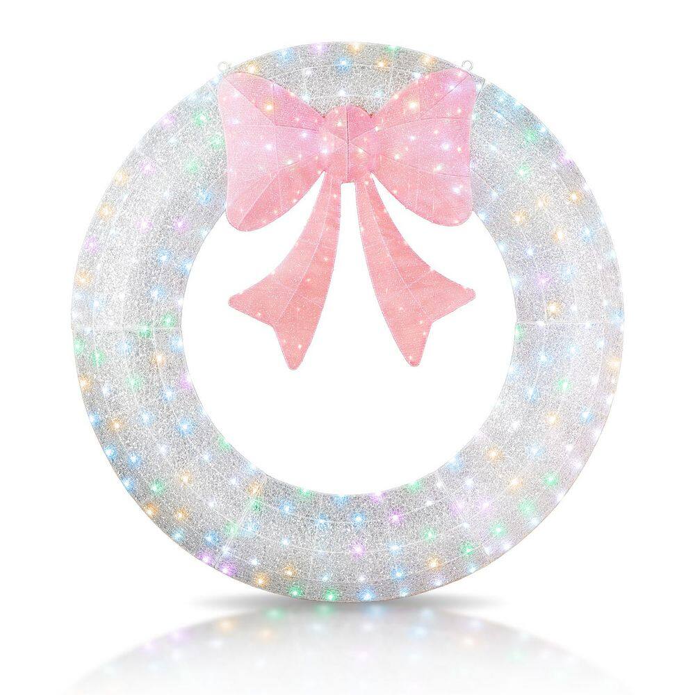60 in. Silver Pre-Lit Artificial Christmas Wreath with Pink Bow and Multi-Color Lights price history on PriceWatchPro