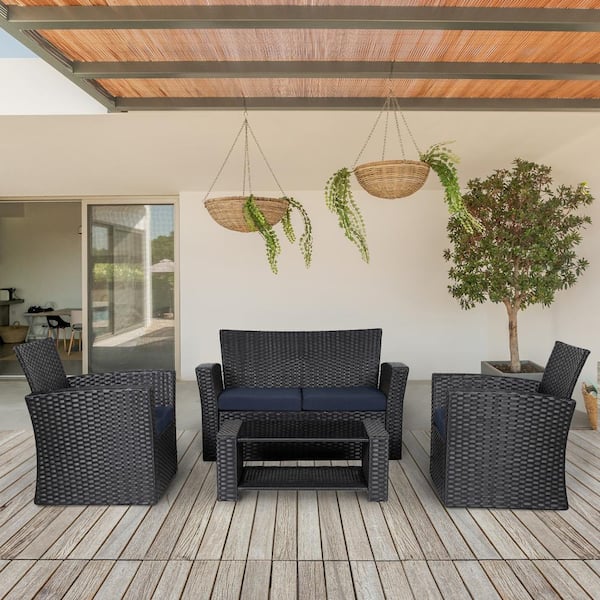 Hudson 4-Piece Black Wicker Outdoor Patio Loveseat and Armchair Conversation Set w/Navy Blue Cushions and Coffee Table