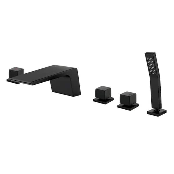 FLG 3-Handle Deck Mount Roman Tub Faucet with Hand Shower Brass 5 Holes Waterfall Bathtub Filler with Sprayer in Matte Black