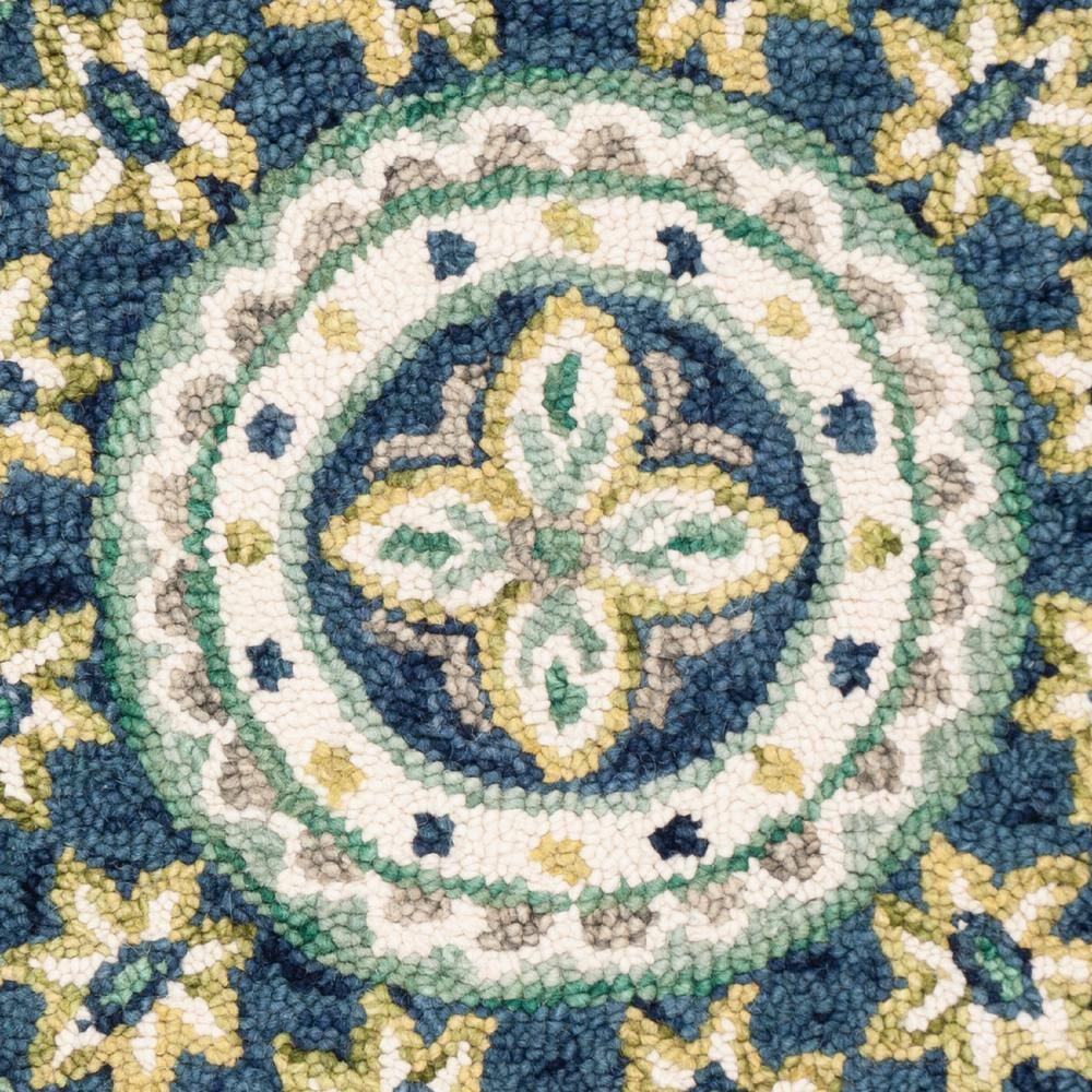 Ivory and Blue Floral Round Wool Area Rug