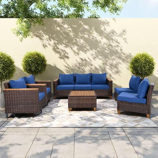 Cesicia Brown 8-Piece Wicker Outdoor Sectional Set with Blue Cushions and Storage Table