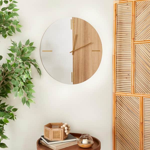 24 in. x 24 in. Brown Wooden Round Wall Clock with Marble Side