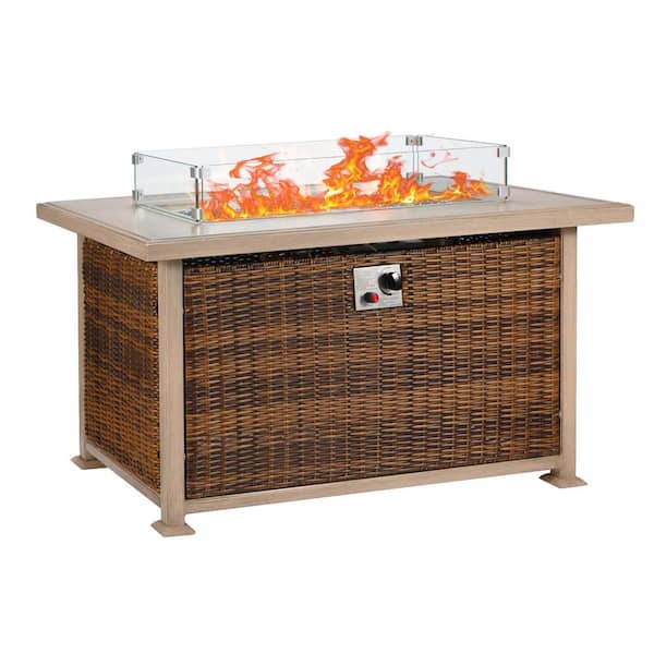 Unbranded 44 in. Propane Fire Pit Table Rattan Fire Pit Table with Glass Wind Guard, 50,000 BTU Gas Firepits for Outside Garden