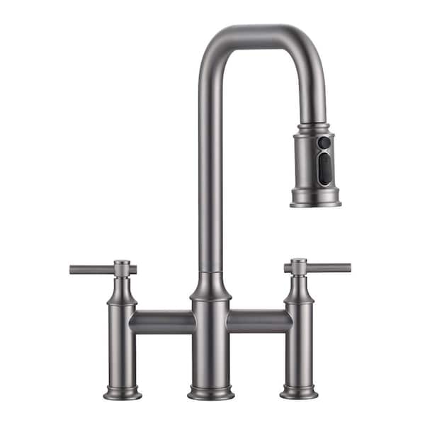 3 Patterns Double Handle Pull Down Bridge Kitchen Faucet with 360° Swivel Spout for 3 Holes in Brushed Nickel