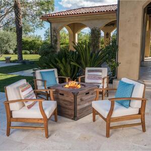 Mark Teak Brown 5-Piece Wood Patio Fire Pit Set with Cream Cushions