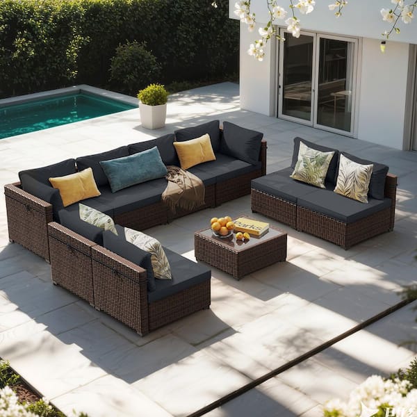 9-Piece Wicker Sectional Seating Group with Dark gray cushions