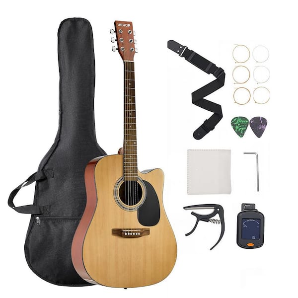 Cutway Acoustic Guitar 41 in. 6-String Natural Solid Spruce Top Guitar Beginner Bundle with Gig Bag Tuner Strap
