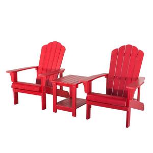 3-Piece Red Outdoor Patio All-Weather Plastic Wood Adirondack Bistro Set 2 Chairs 1 Side End Table Set for Deck