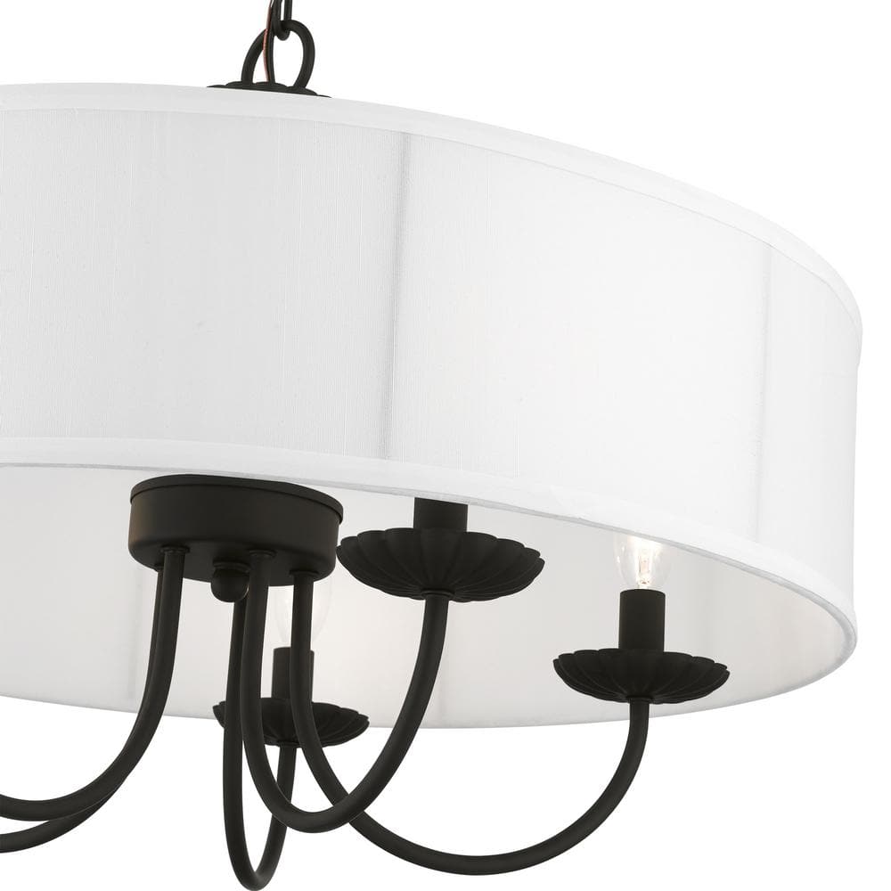 Brookdale Black Steel 5-Light Drum Pendant with Off-White Shade