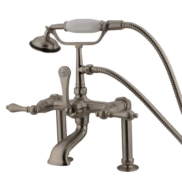 Aqua Eden Lever 3-Handle Deck-Mount High-Risers Claw Foot Tub Faucet with Handshower in Brushed Nickel