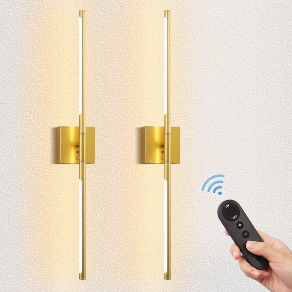 2-Light Gold Dimmable LED Wall Sconce with Remote Control, Wireless Installation, USB Charging, Wall Decor(2-Pack)