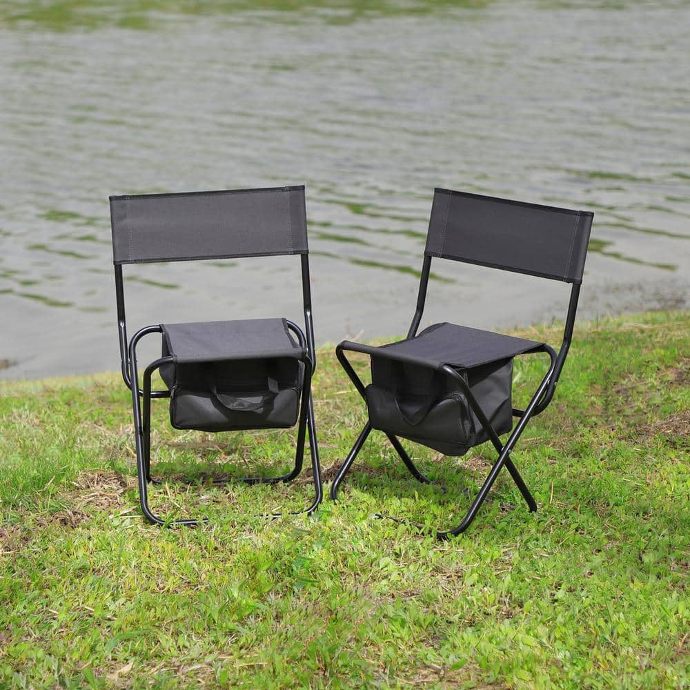 3-Piece Outdoor Camping Steel and Black Oxford Cloth Folding Chairs with Fo