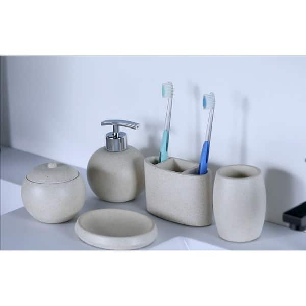 WELLFOR 5-Piece Concrete Bathroom Accessory Set in Beige for Vanity Countertops