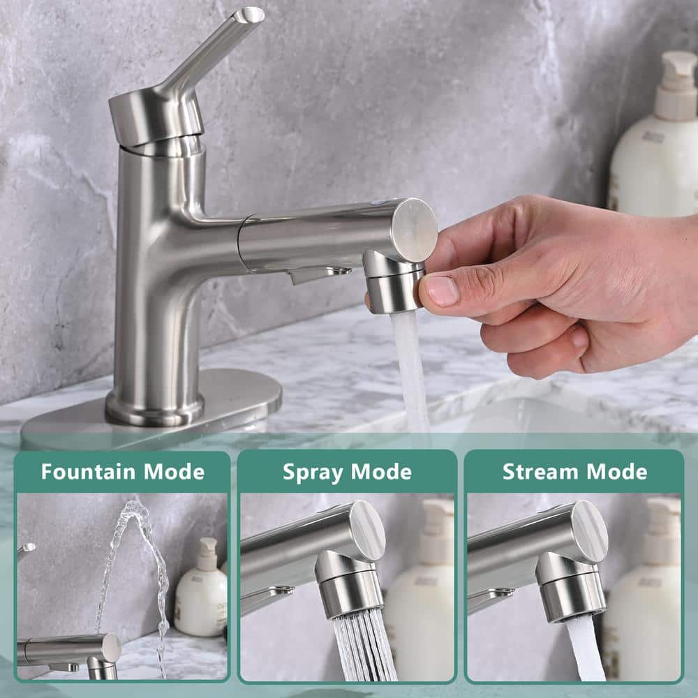 Brushed Nickel Single Handle Bathroom Faucet with Pull-Out Sprayer