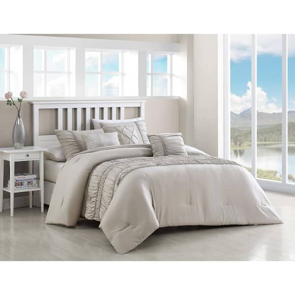 Unbranded Navier 6-Piece Taupe Queen Rouched Comforter Set with Throw Pillows