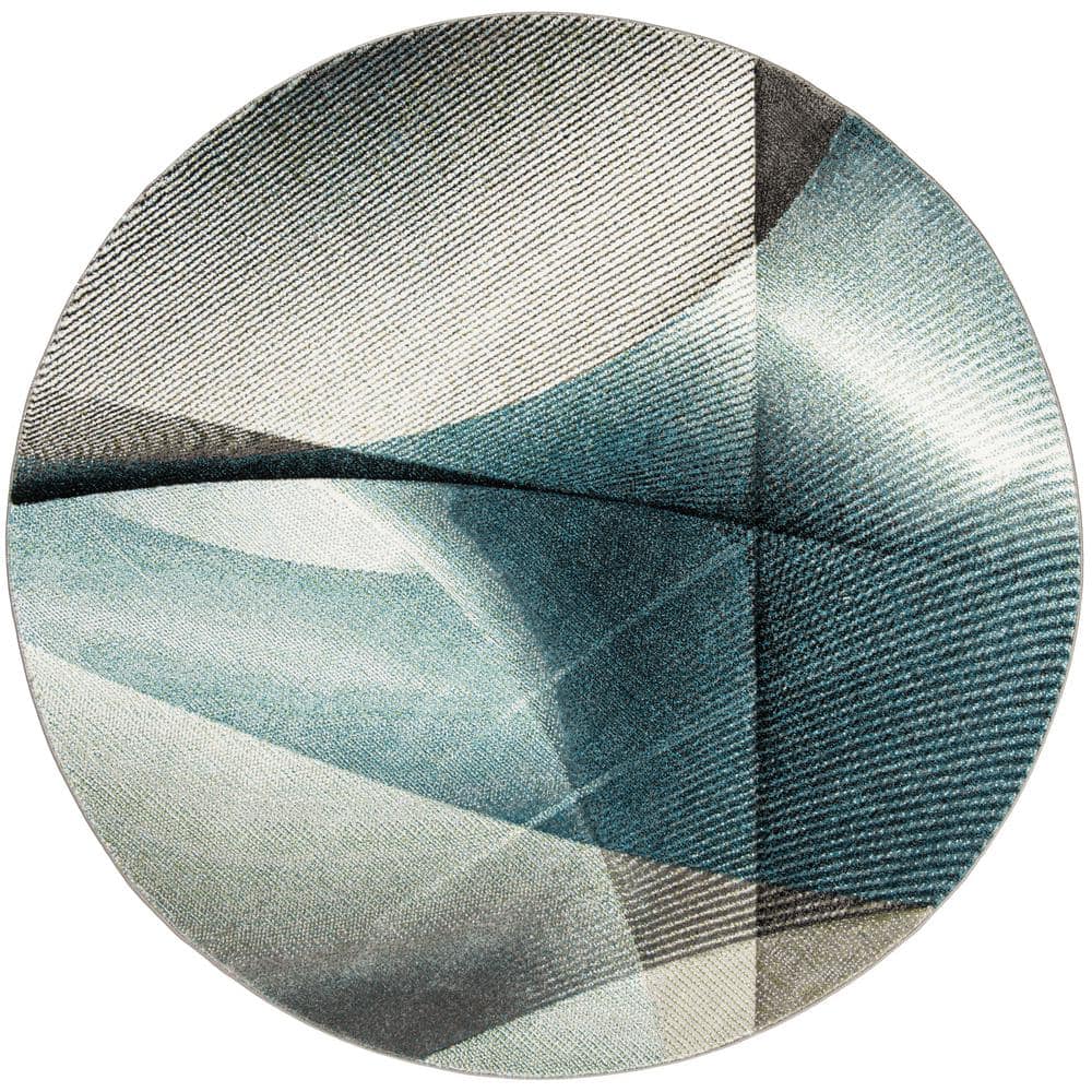 Grey and Teal Abstract Round High Pile Area Rug