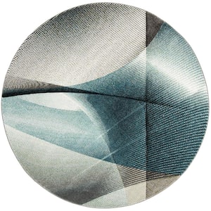 Hollywood Gray/Teal 7 ft. x 7 ft. Round Abstract Striped Area Rug