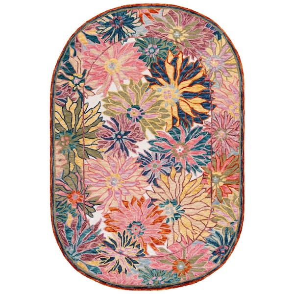 SAFAVIEH Jardin 6 ft. x 9 ft. Pink/Rust Floral Oversized Border Oval ...