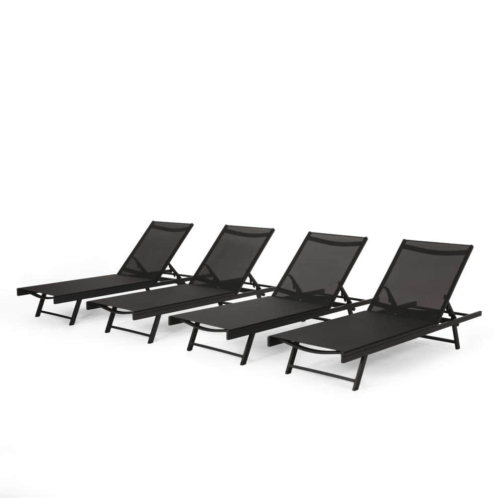 Noble House Salton Black 4-Piece Metal Outdoor Patio Chaise Lounge