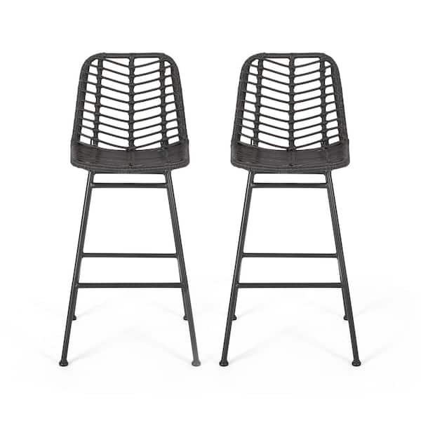 2-Piece Metal Outdoor Bar Stool with Gray Rattan