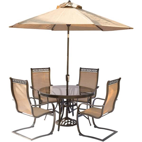 Hanover 5-Piece Aluminum Outdoor Dining Set with Round Glass-Top Table and Contoured Sling Spring Chairs, Umbrella and Base