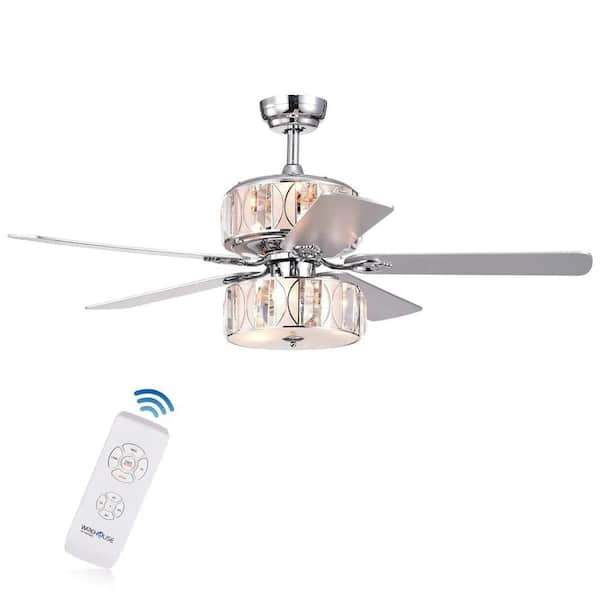 Edvivi 52 in. Chrome Finish Indoor Crystal Ceiling Fan with Light Kit with 5 Silver/Maple White Blades