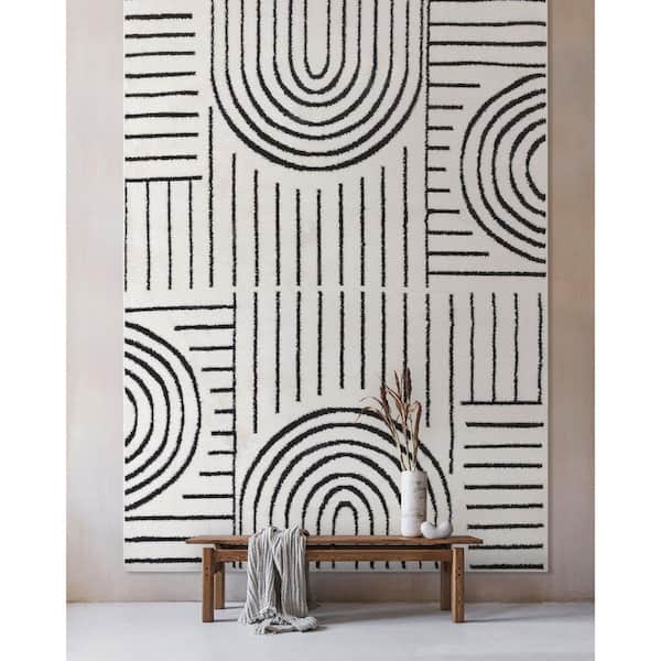 Ivory Black 7 ft. 10 in. x 9 ft. 10 in. Feliz Boho Rainbow Modern Geometric Shag Area Rug