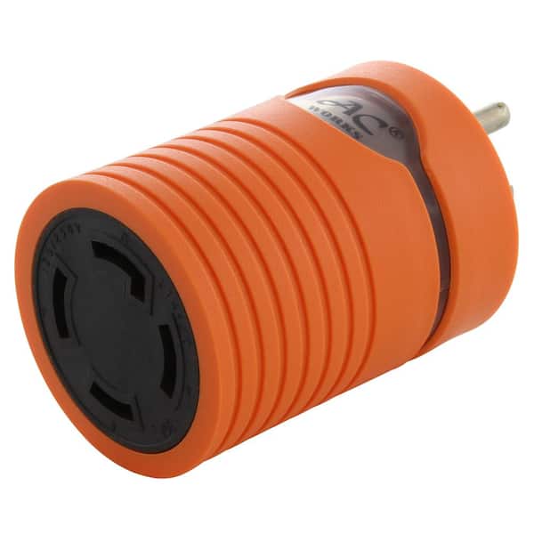 AC WORKS Locking Adapter Household Plug 15 Amp NEMA 5-15P to 4-Prong 30 Amp Locking L14-30R (2 Hots Bridged)