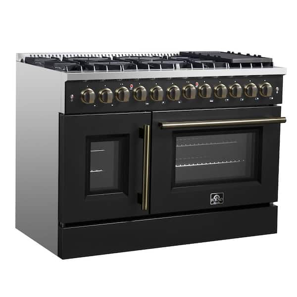 Galiano 48 in. French Door Dual Fuel Range, Black and Antique Brass, 107,000 BTU, 6.58 cu. ft. Ovens 8-Burners