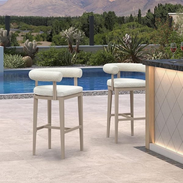 Modern Aluminum Olefin Upholstered Bar Height Outdoor Bar Stool with Back and Armrest, Cushion Included (2-Pack)