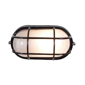 Nauticus 1-Light Black Outdoor Bulkhead Light with Frosted Glass Shade