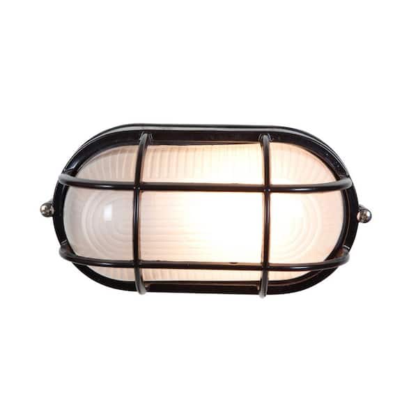 Nauticus 1-Light Black Outdoor Bulkhead Light with Frosted Glass Shade