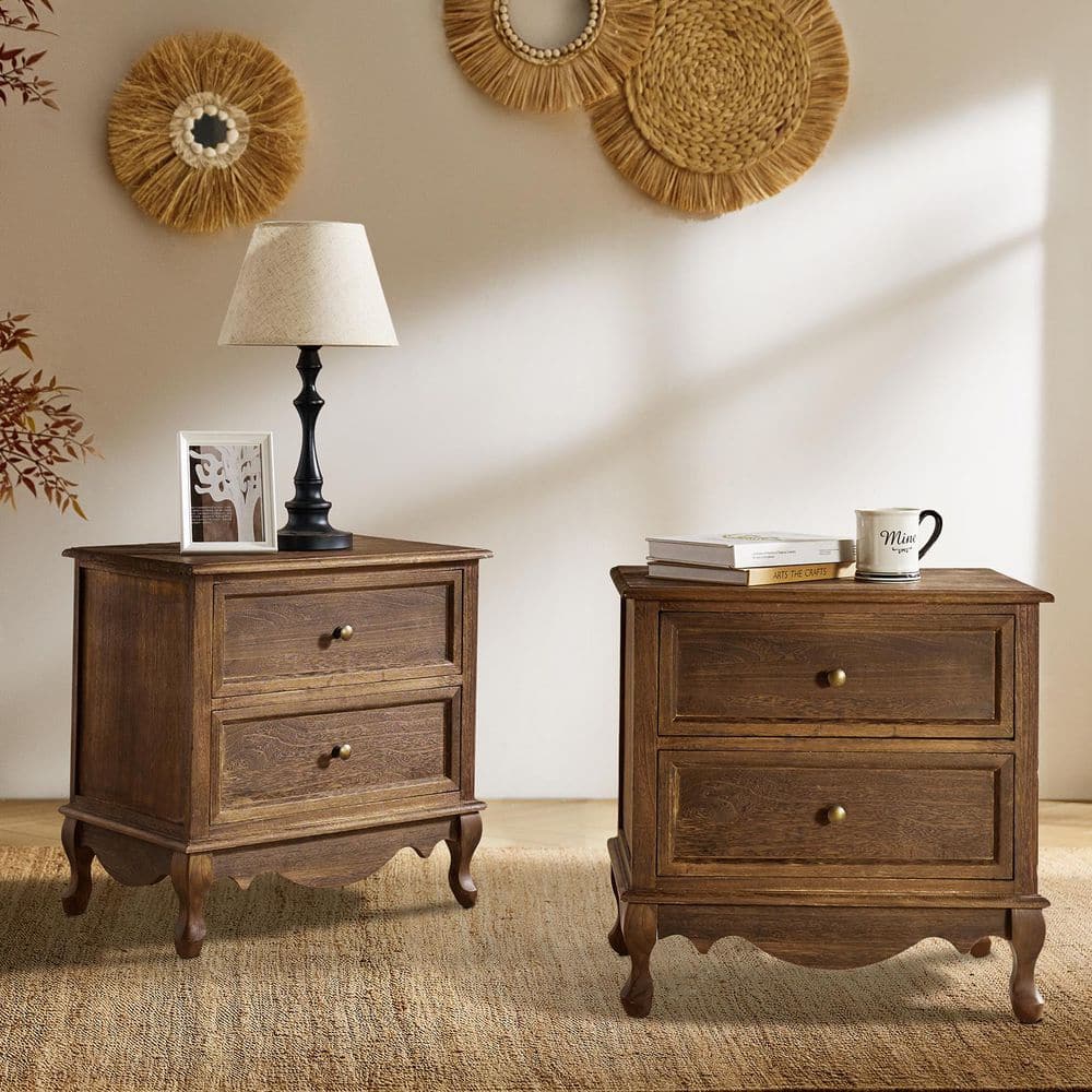 Lundgren Transitional Walnut 24 in. W 2-Drawer Nightstands with Wood Legs and Charging Station (Set of 2)