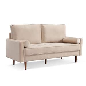 Bolstered Modern Series 69 in. Wide Square Arm Velvet Polyester Modern Straight Sofa with 2-Bolster Pillows in Beige