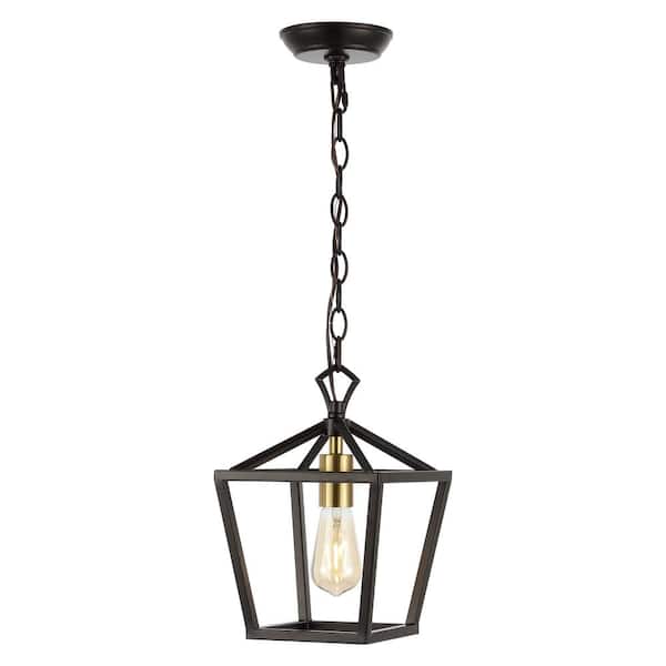 Oslin 8 in. 1-Light Vintage Farmhouse Iron Chain Pagoda LED Pendant Light, Oil Rubbed Bronze/Brass Gold
